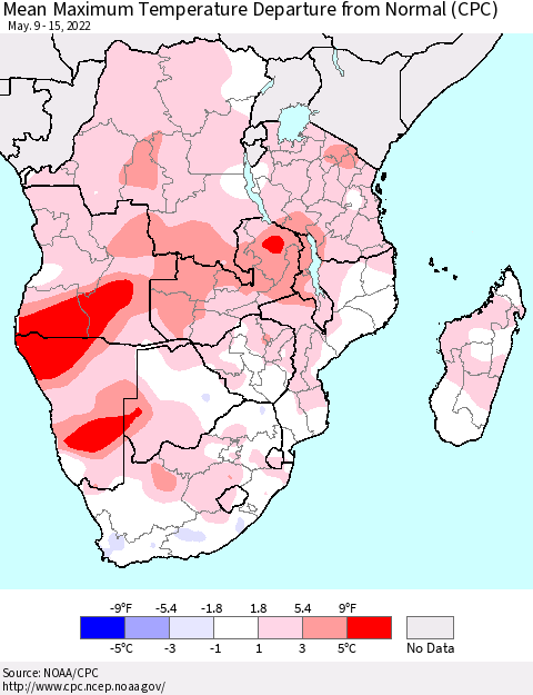 Southern Africa Mean Maximum Temperature Departure from Normal (CPC) Thematic Map For 5/9/2022 - 5/15/2022