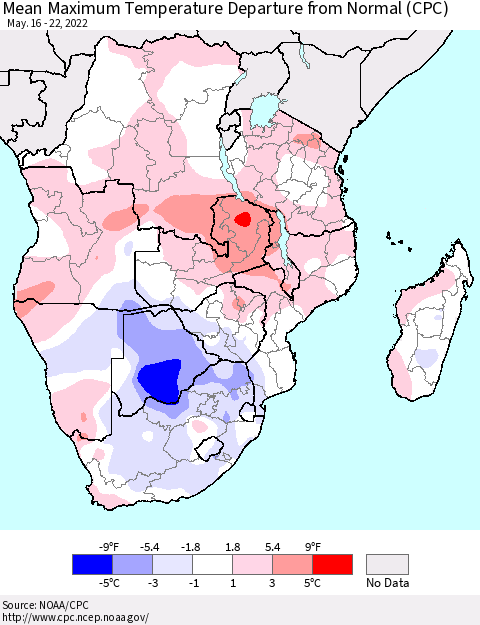 Southern Africa Mean Maximum Temperature Departure from Normal (CPC) Thematic Map For 5/16/2022 - 5/22/2022