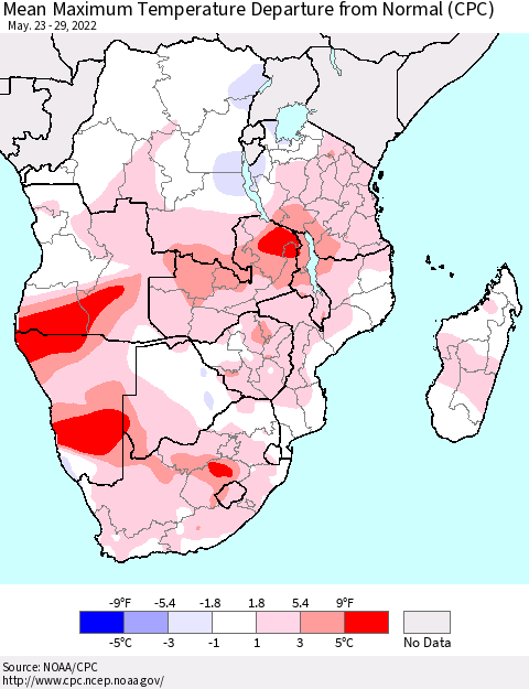 Southern Africa Mean Maximum Temperature Departure from Normal (CPC) Thematic Map For 5/23/2022 - 5/29/2022