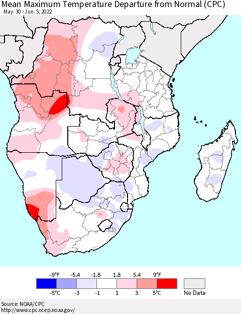 Southern Africa Mean Maximum Temperature Departure from Normal (CPC) Thematic Map For 5/30/2022 - 6/5/2022