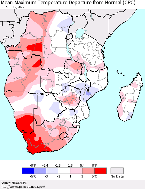 Southern Africa Mean Maximum Temperature Departure from Normal (CPC) Thematic Map For 6/6/2022 - 6/12/2022