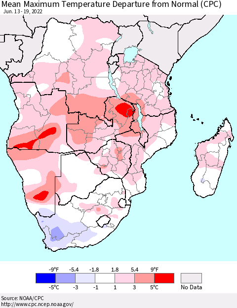 Southern Africa Mean Maximum Temperature Departure from Normal (CPC) Thematic Map For 6/13/2022 - 6/19/2022