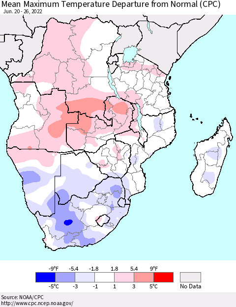 Southern Africa Mean Maximum Temperature Departure from Normal (CPC) Thematic Map For 6/20/2022 - 6/26/2022