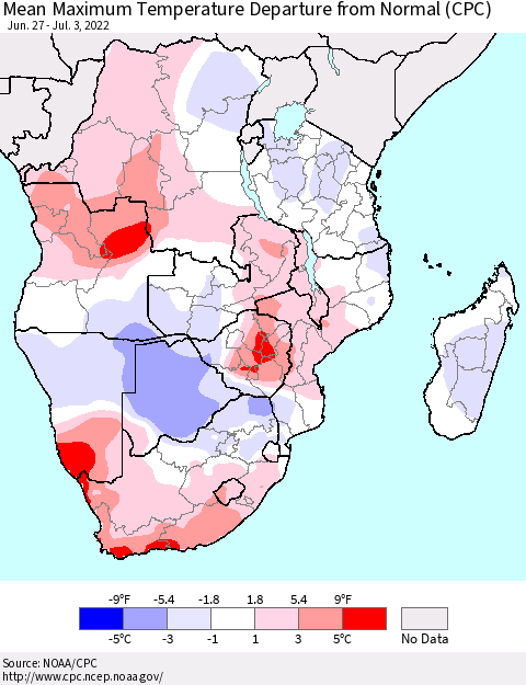 Southern Africa Mean Maximum Temperature Departure from Normal (CPC) Thematic Map For 6/27/2022 - 7/3/2022