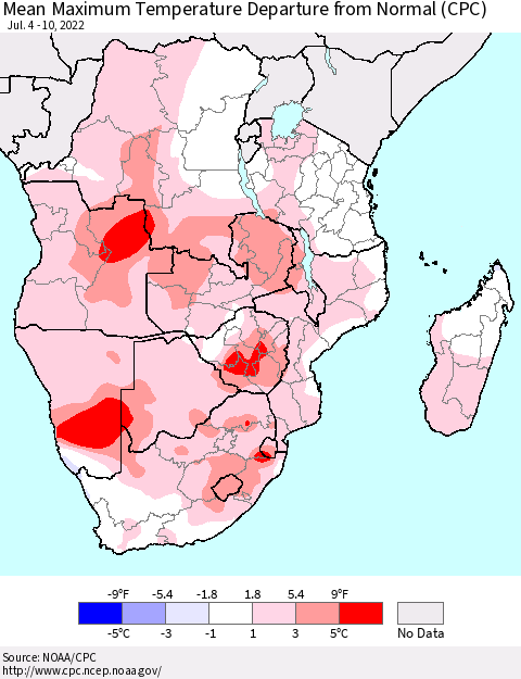 Southern Africa Mean Maximum Temperature Departure from Normal (CPC) Thematic Map For 7/4/2022 - 7/10/2022
