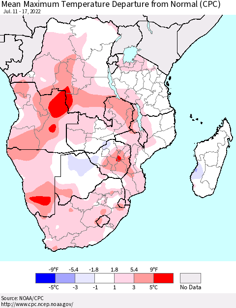 Southern Africa Mean Maximum Temperature Departure from Normal (CPC) Thematic Map For 7/11/2022 - 7/17/2022