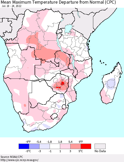 Southern Africa Mean Maximum Temperature Departure from Normal (CPC) Thematic Map For 7/18/2022 - 7/24/2022