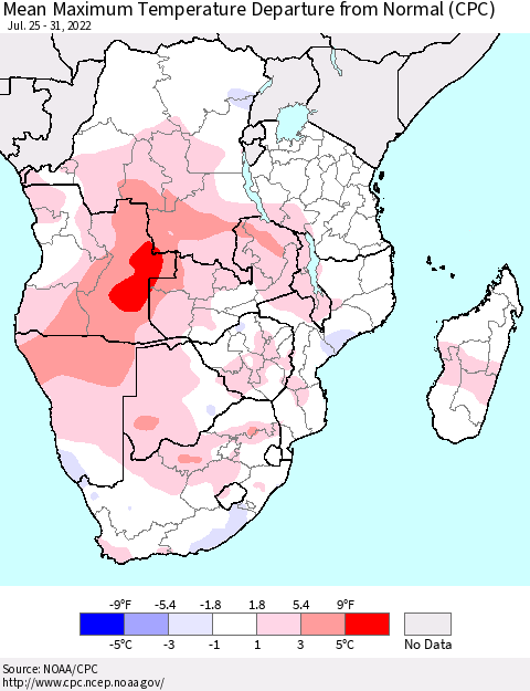 Southern Africa Mean Maximum Temperature Departure from Normal (CPC) Thematic Map For 7/25/2022 - 7/31/2022
