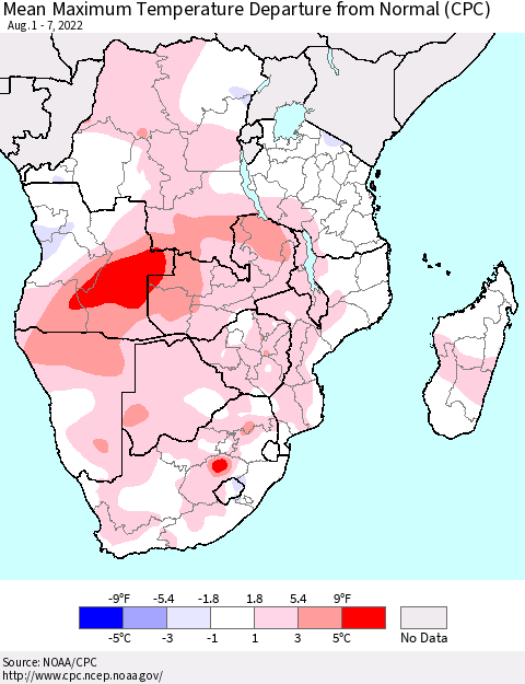 Southern Africa Mean Maximum Temperature Departure from Normal (CPC) Thematic Map For 8/1/2022 - 8/7/2022