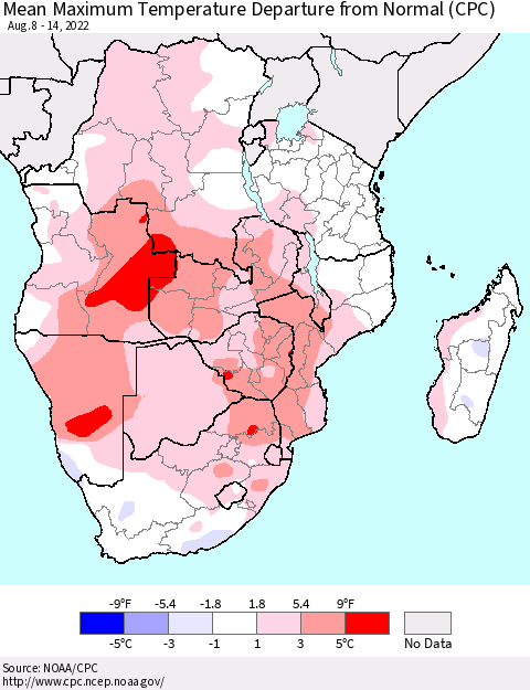 Southern Africa Mean Maximum Temperature Departure from Normal (CPC) Thematic Map For 8/8/2022 - 8/14/2022