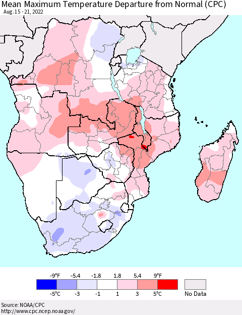 Southern Africa Mean Maximum Temperature Departure from Normal (CPC) Thematic Map For 8/15/2022 - 8/21/2022