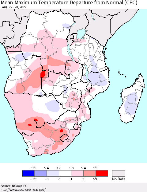 Southern Africa Mean Maximum Temperature Departure from Normal (CPC) Thematic Map For 8/22/2022 - 8/28/2022