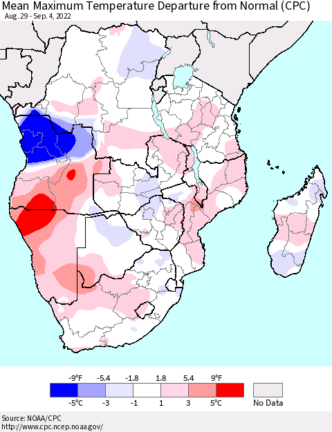 Southern Africa Mean Maximum Temperature Departure from Normal (CPC) Thematic Map For 8/29/2022 - 9/4/2022