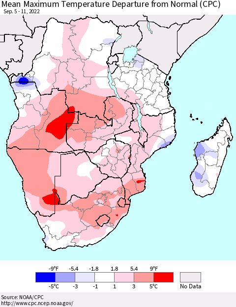 Southern Africa Mean Maximum Temperature Departure from Normal (CPC) Thematic Map For 9/5/2022 - 9/11/2022