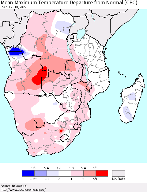 Southern Africa Mean Maximum Temperature Departure from Normal (CPC) Thematic Map For 9/12/2022 - 9/18/2022