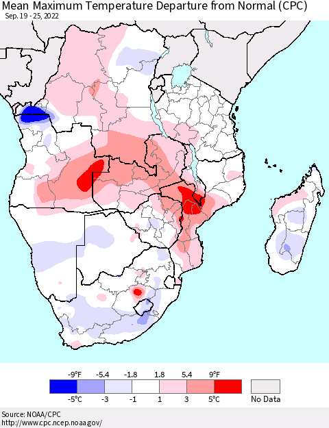 Southern Africa Mean Maximum Temperature Departure from Normal (CPC) Thematic Map For 9/19/2022 - 9/25/2022