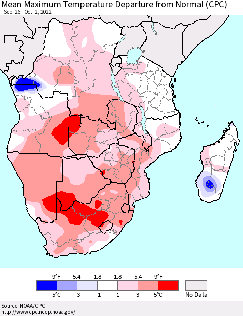 Southern Africa Mean Maximum Temperature Departure from Normal (CPC) Thematic Map For 9/26/2022 - 10/2/2022