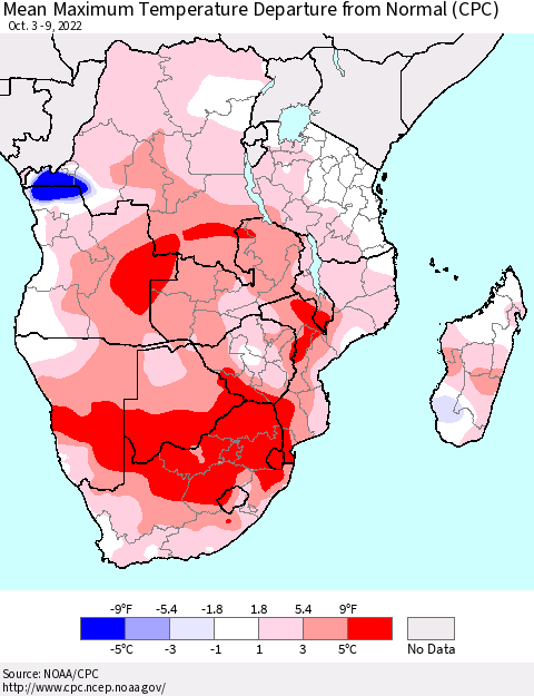 Southern Africa Mean Maximum Temperature Departure from Normal (CPC) Thematic Map For 10/3/2022 - 10/9/2022