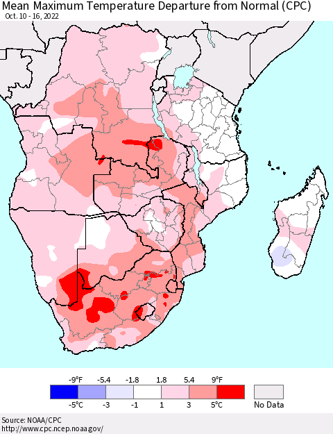 Southern Africa Mean Maximum Temperature Departure from Normal (CPC) Thematic Map For 10/10/2022 - 10/16/2022