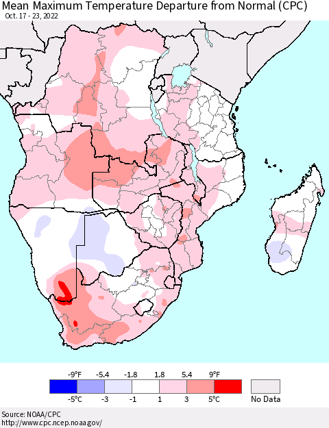 Southern Africa Mean Maximum Temperature Departure from Normal (CPC) Thematic Map For 10/17/2022 - 10/23/2022