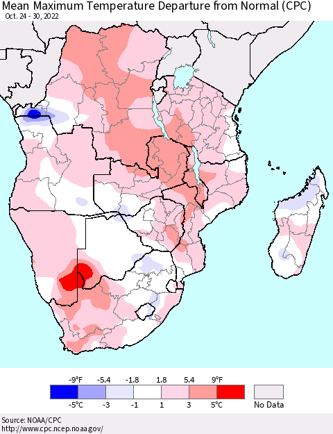 Southern Africa Mean Maximum Temperature Departure from Normal (CPC) Thematic Map For 10/24/2022 - 10/30/2022