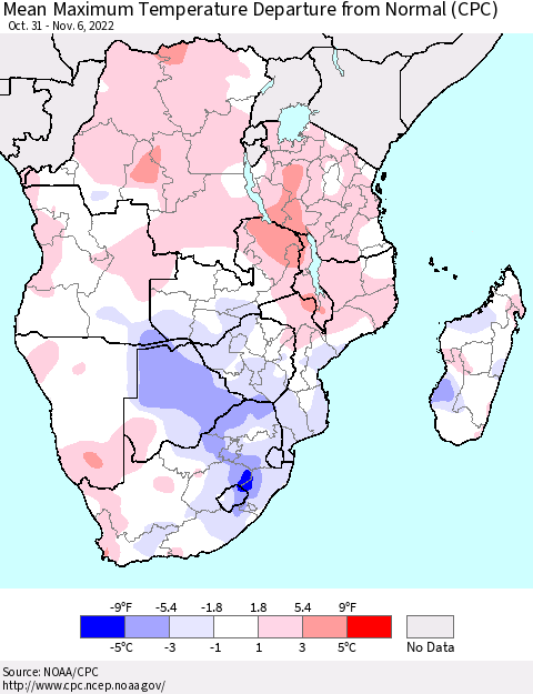 Southern Africa Mean Maximum Temperature Departure from Normal (CPC) Thematic Map For 10/31/2022 - 11/6/2022