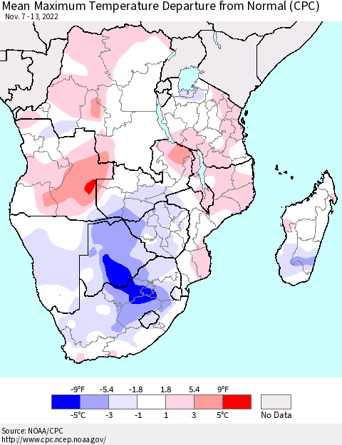 Southern Africa Mean Maximum Temperature Departure from Normal (CPC) Thematic Map For 11/7/2022 - 11/13/2022