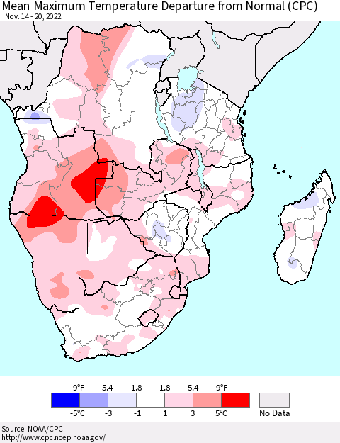 Southern Africa Mean Maximum Temperature Departure from Normal (CPC) Thematic Map For 11/14/2022 - 11/20/2022
