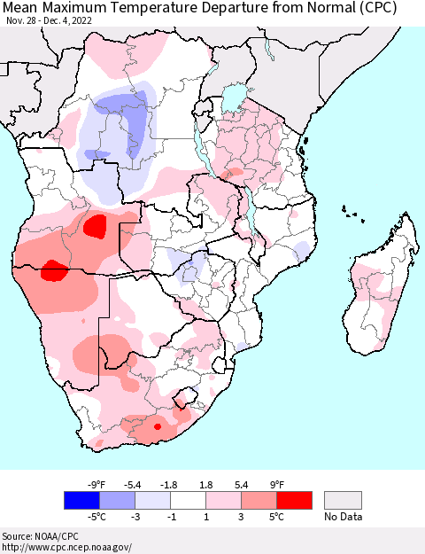 Southern Africa Mean Maximum Temperature Departure from Normal (CPC) Thematic Map For 11/28/2022 - 12/4/2022