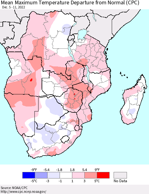 Southern Africa Mean Maximum Temperature Departure from Normal (CPC) Thematic Map For 12/5/2022 - 12/11/2022