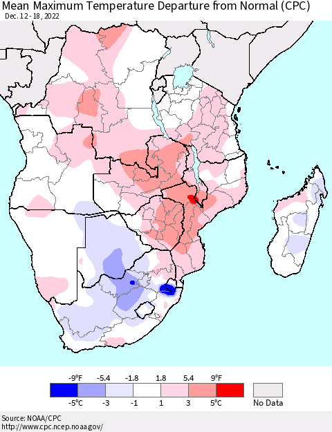 Southern Africa Mean Maximum Temperature Departure from Normal (CPC) Thematic Map For 12/12/2022 - 12/18/2022