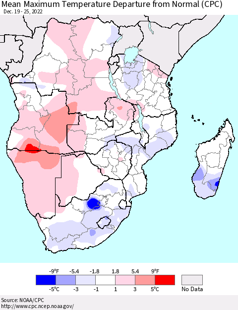 Southern Africa Mean Maximum Temperature Departure from Normal (CPC) Thematic Map For 12/19/2022 - 12/25/2022