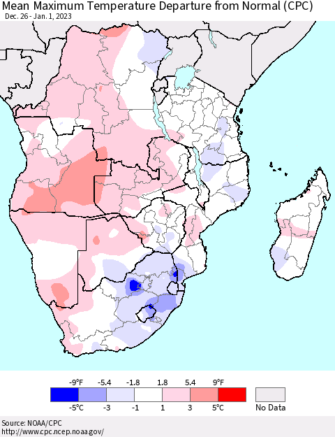 Southern Africa Mean Maximum Temperature Departure from Normal (CPC) Thematic Map For 12/26/2022 - 1/1/2023