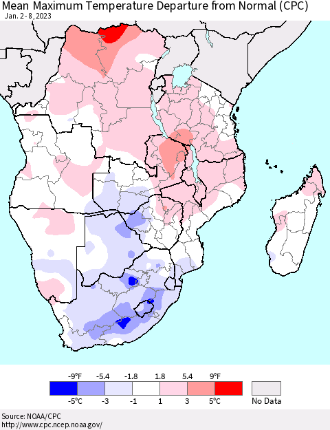 Southern Africa Mean Maximum Temperature Departure from Normal (CPC) Thematic Map For 1/2/2023 - 1/8/2023