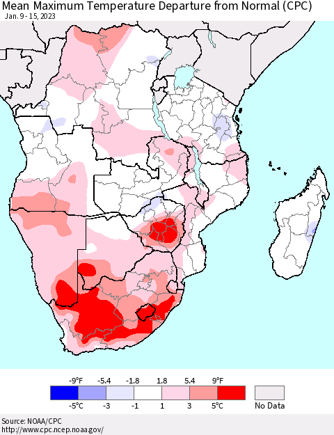 Southern Africa Mean Maximum Temperature Departure from Normal (CPC) Thematic Map For 1/9/2023 - 1/15/2023