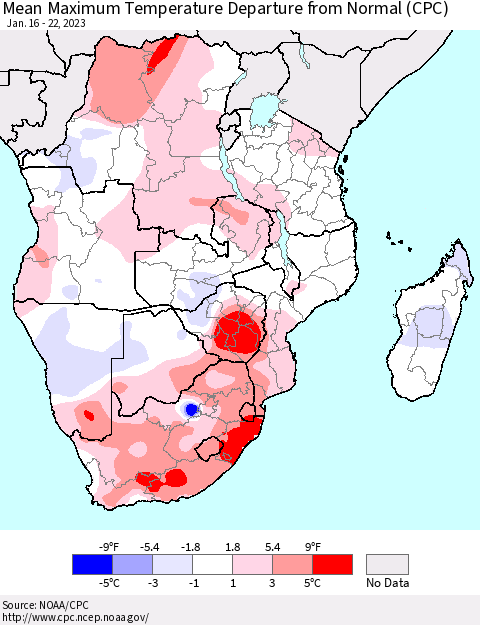 Southern Africa Mean Maximum Temperature Departure from Normal (CPC) Thematic Map For 1/16/2023 - 1/22/2023