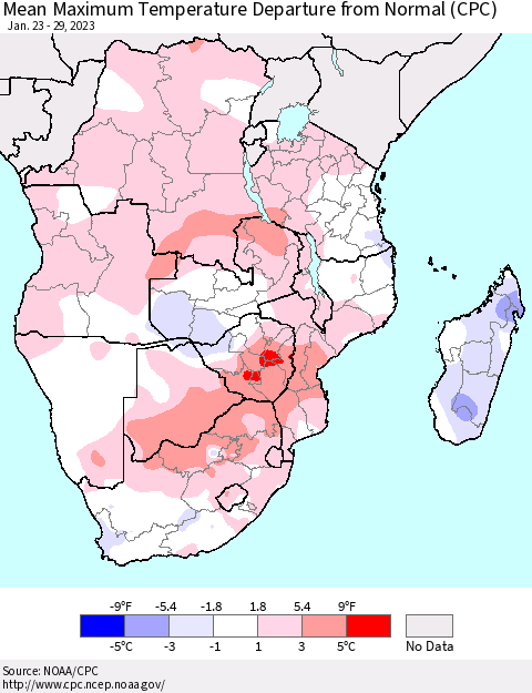 Southern Africa Mean Maximum Temperature Departure from Normal (CPC) Thematic Map For 1/23/2023 - 1/29/2023