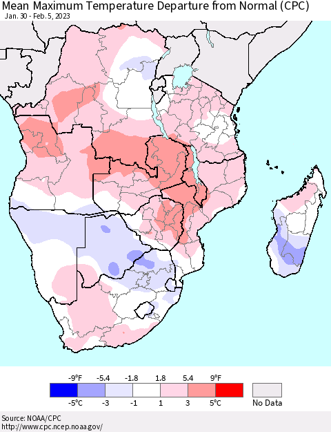 Southern Africa Mean Maximum Temperature Departure from Normal (CPC) Thematic Map For 1/30/2023 - 2/5/2023