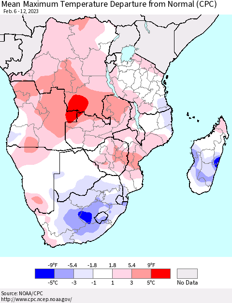 Southern Africa Mean Maximum Temperature Departure from Normal (CPC) Thematic Map For 2/6/2023 - 2/12/2023