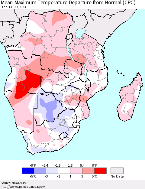 Southern Africa Mean Maximum Temperature Departure from Normal (CPC) Thematic Map For 2/13/2023 - 2/19/2023