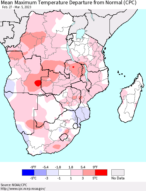 Southern Africa Mean Maximum Temperature Departure from Normal (CPC) Thematic Map For 2/27/2023 - 3/5/2023