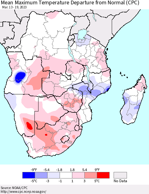 Southern Africa Mean Maximum Temperature Departure from Normal (CPC) Thematic Map For 3/13/2023 - 3/19/2023