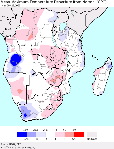 Southern Africa Mean Maximum Temperature Departure from Normal (CPC) Thematic Map For 3/20/2023 - 3/26/2023