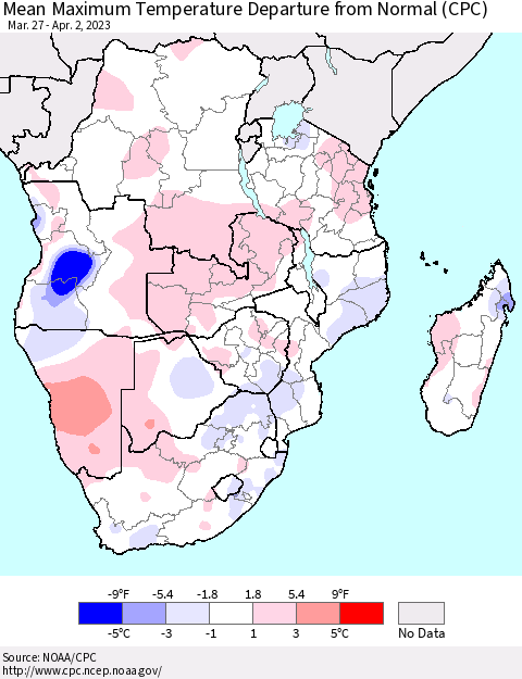 Southern Africa Mean Maximum Temperature Departure from Normal (CPC) Thematic Map For 3/27/2023 - 4/2/2023