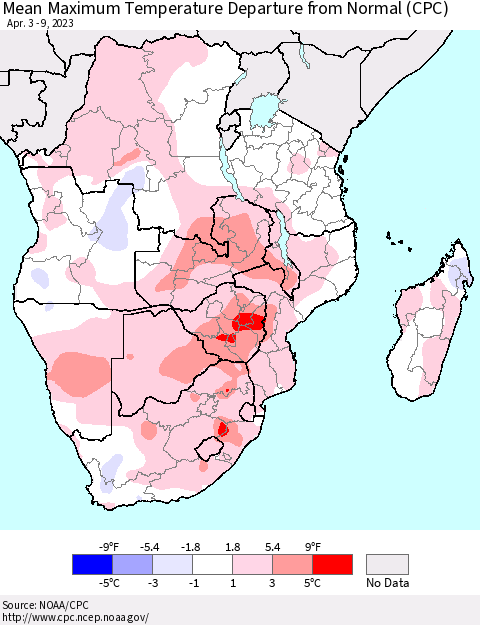 Southern Africa Mean Maximum Temperature Departure from Normal (CPC) Thematic Map For 4/3/2023 - 4/9/2023