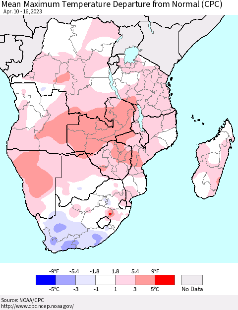 Southern Africa Mean Maximum Temperature Departure from Normal (CPC) Thematic Map For 4/10/2023 - 4/16/2023