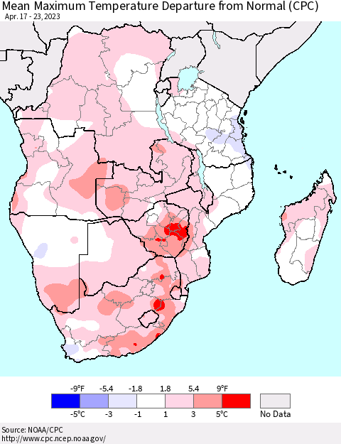 Southern Africa Mean Maximum Temperature Departure from Normal (CPC) Thematic Map For 4/17/2023 - 4/23/2023