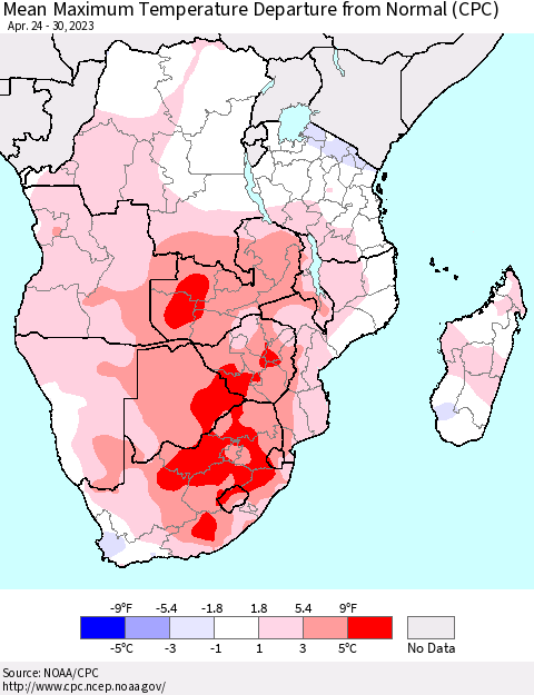 Southern Africa Mean Maximum Temperature Departure from Normal (CPC) Thematic Map For 4/24/2023 - 4/30/2023