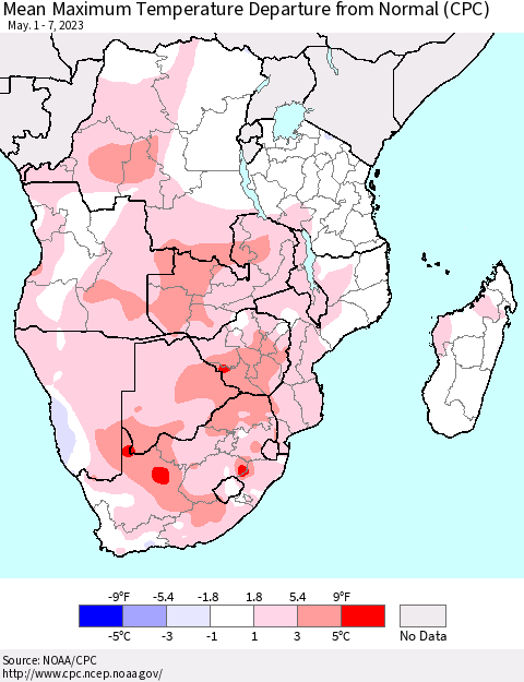 Southern Africa Mean Maximum Temperature Departure from Normal (CPC) Thematic Map For 5/1/2023 - 5/7/2023