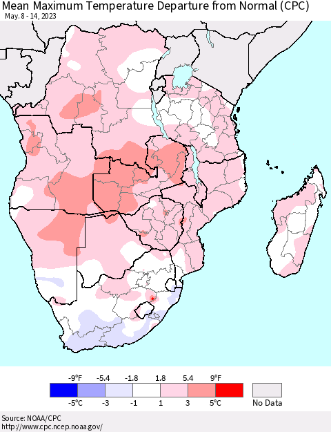 Southern Africa Mean Maximum Temperature Departure from Normal (CPC) Thematic Map For 5/8/2023 - 5/14/2023
